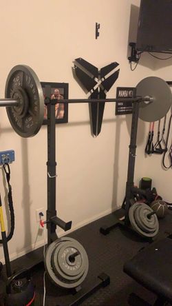 Squat rack with weights, barbell and 500Ib capacity bench
