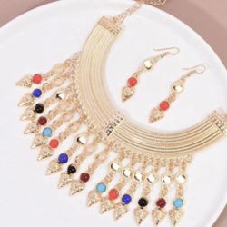 Colorful Stone Tassel Charm Gold Plated Set Necklace and Earrings