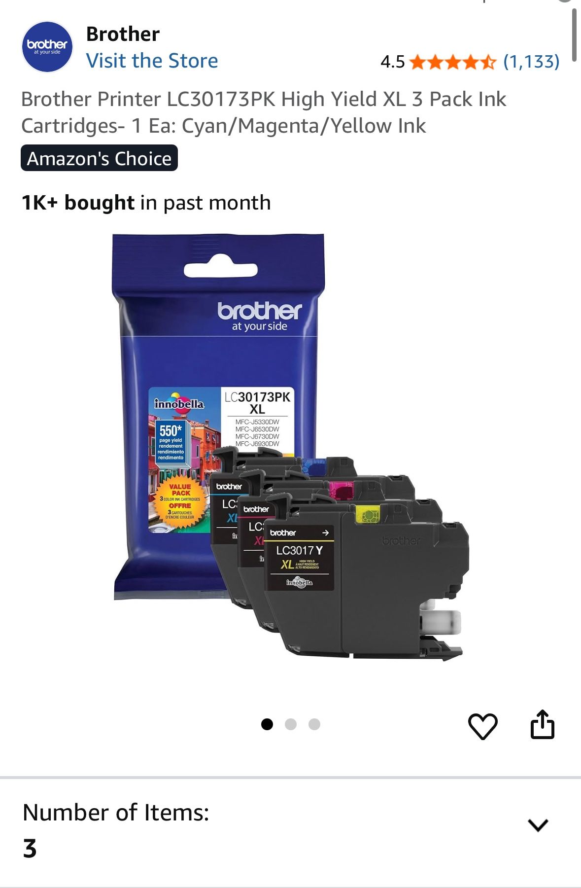 Brother Printer LC30173PK High Yield XL 3 Pack Ink Cartridges- 1 Ea: Cyan/Magenta/Yellow Ink