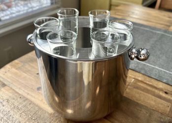 Godinger Stainless Steel Bottle Chiller Bucket W/ 6 Shot Glasses