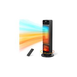 Tower Heater and Fan Combo, 1500W PTC Electric Fireplace Heater W/ 3D Flame, 90° Oscillation Space Heater Fan Combo for Indoor Use, Child Lock & Eco M