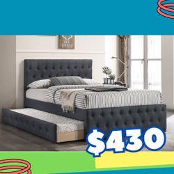 New In Box FULL BED W/TRUNDLE-LIGHT GREY BURLAP And 2 Mattresses.