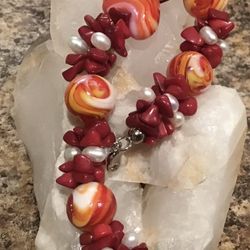 Coral, Pearl  & Glass Bracelet 