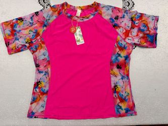 Shekini Women's Short Sleeve Rash Guard Swim Shirt XL UPF 50+