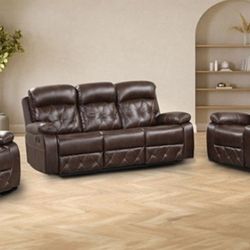 Brand New Brown Leather 3pc Reclining Sofa Set 