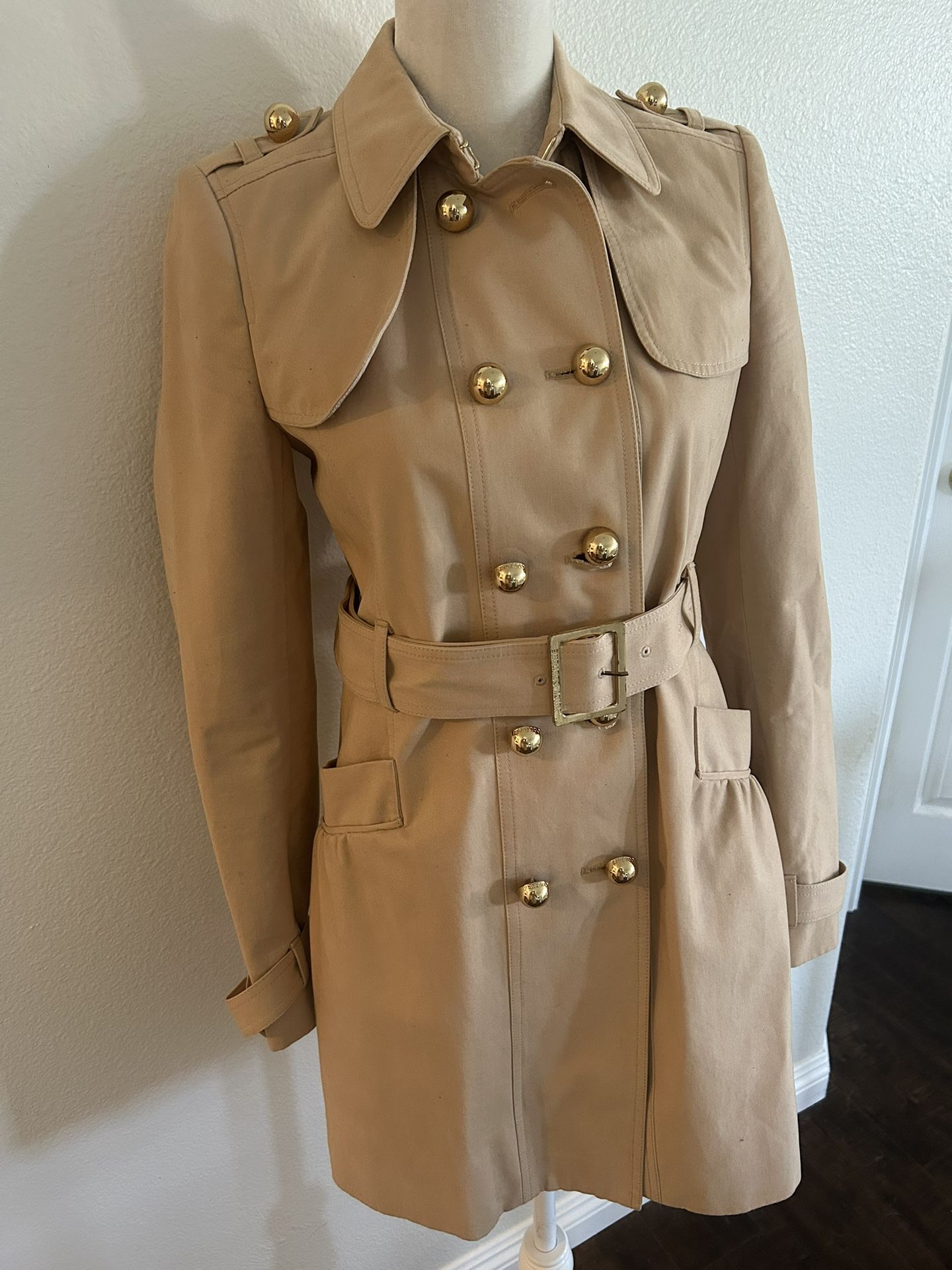 Juicy Couture Tan Double-Breasted Trench Coat with Gold Buttons- Y2K Vintage