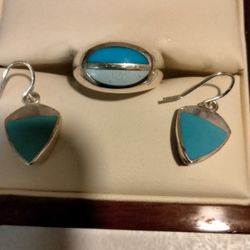 Sterling And Turquoise Set Ring And Earrings
