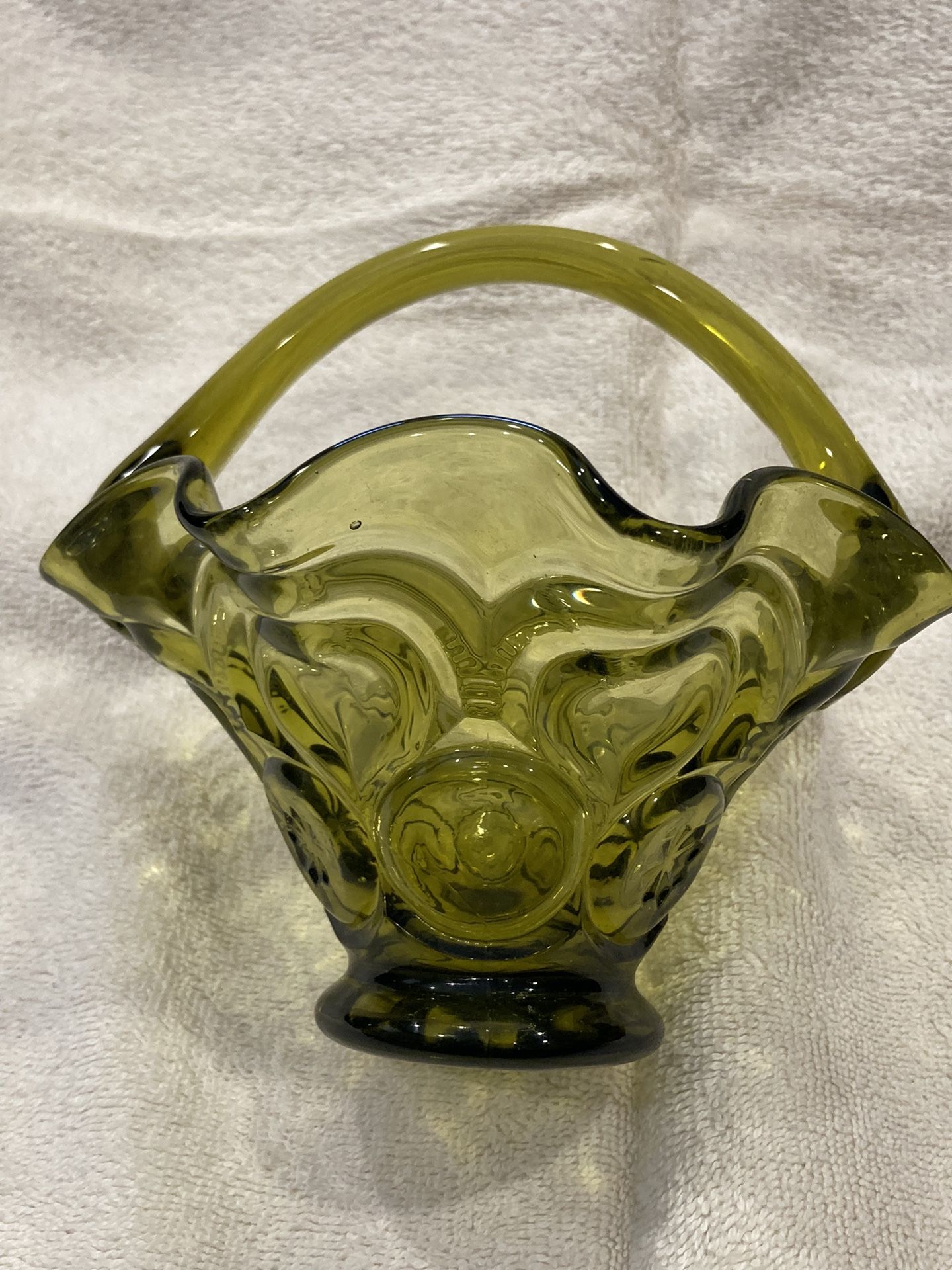 Antique Depression, Glass, Avocado Green, Basket, Candy Dish