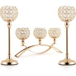 Brand New Set Of 3 Gold Crystal Candle Holders 