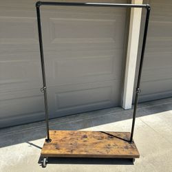 Industrial Rolling Garment Rack With Wood Base