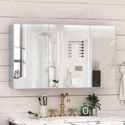 40 x 24 Farmhouse Medicine Cabinet, Tempered Frameless Bathroom Mirror with Storage, Recessed or Surface Mounted Silver Aluminum Medicine Cabinet for 