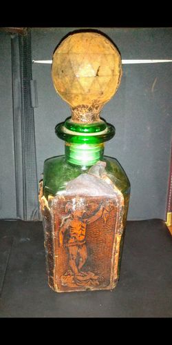TOOLED LEATHER WRAPPED EMPTY GLASS BOTTLE DECANTER ITALY