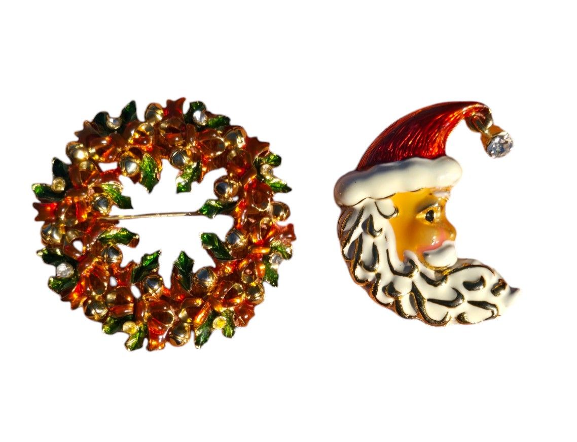 Christmas Santa and wreath Christopher Radko brooches
