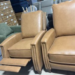 🔥Balthazar Brown Lether set of 2 Manual Push Back Recliner with Nailhead Trim and Solid Wood Legs $450