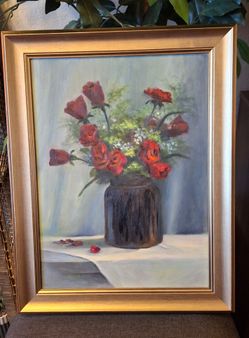 Framed Original Oil Painting Red Roses Still Life 19"x15"