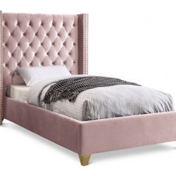 Pink Velvet Upholstered Twin Bed