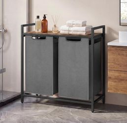 SONGMICS HOME Laundry Basket Sorter with Storage Shelf, Laundry Hamper with Metal Frame, 2 x 12.1 Gallons (46 L), Gray and Rustic Brown