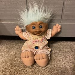 Vintage Treasure Troll 1991 14” Soft Body Doll Ace Novelty Blue Hair Blue Jewel