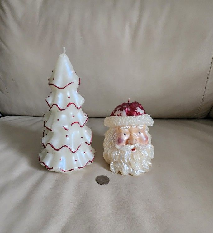 Vintage Large Candles Set Of 2 Santa And Christmas Tree Luminescent Design