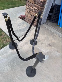 3-Piece Stanchion Pole Set with 4 Black Velvet Ropes, plastic poles. Assembled. Used 1x