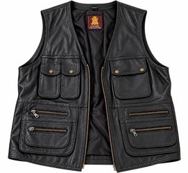 Men’s Black Leather Collection Multi Pocket Utility Motorcycle Vest