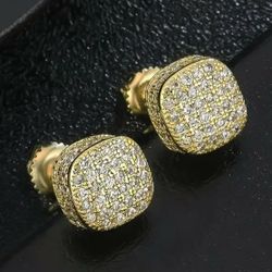 Exquisite Micro Pave 14K Gold Plated Cubic Zirconia Square 8mm Men Women Stud Earrings 
