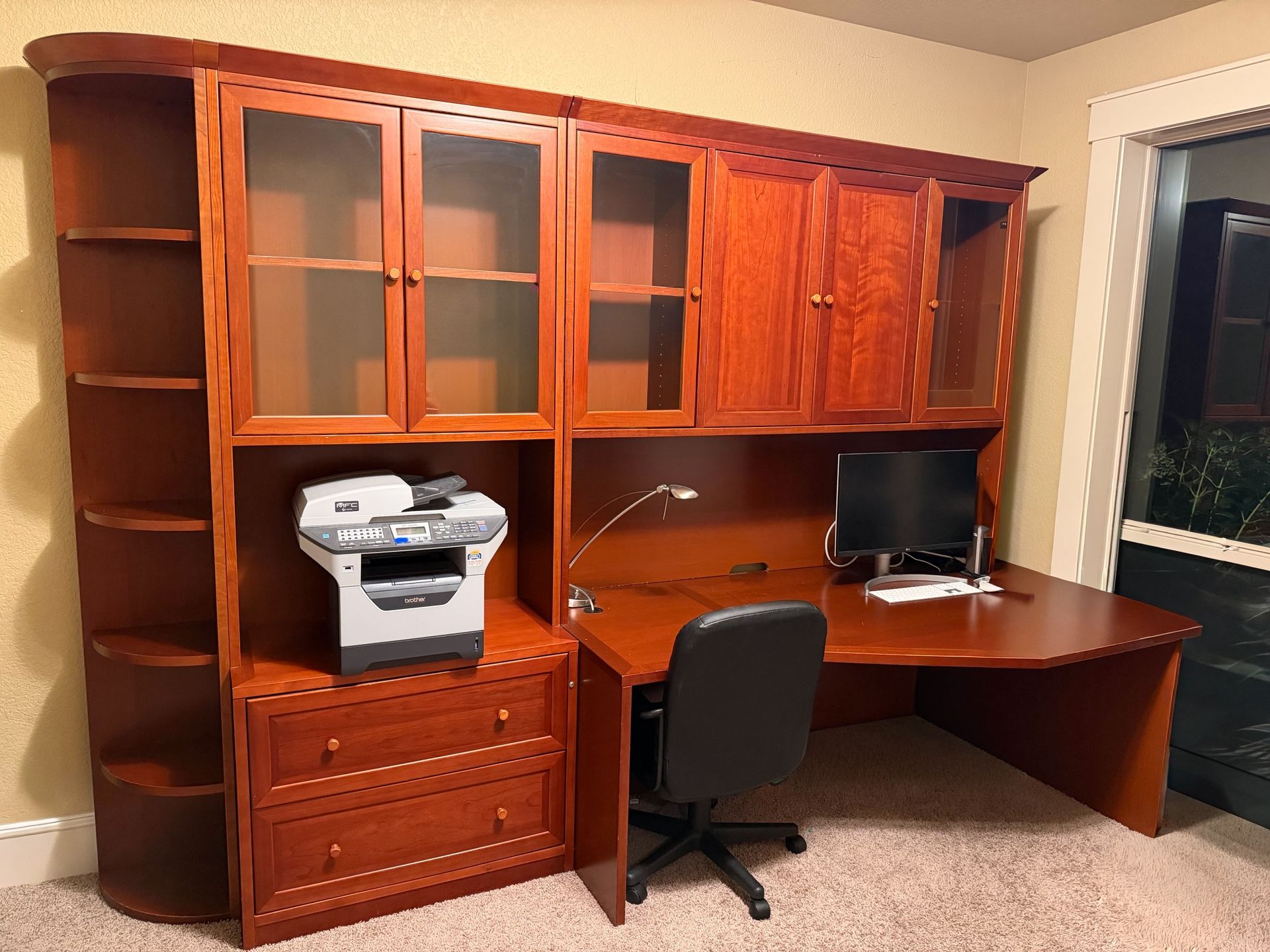 Dania Prestige Cherry L-Shaped Desk w/ Hutch & Curved Bookshelf