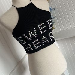 Sweetheart "crop top with iridescent lettering.