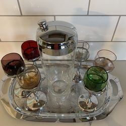 Antique Silver Trays, 6 Cordial Cups, & Shaker