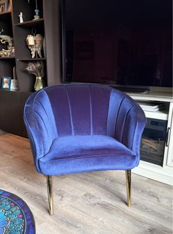 Blue Velvet Accent Chair with Gold Legs