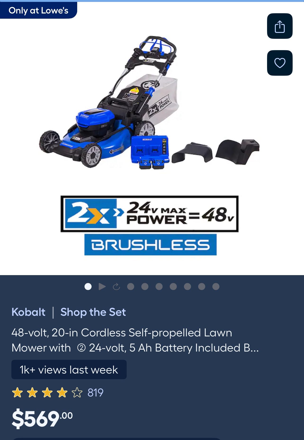 Kobalt 48-volt, 20-in Cordless Self-propelled Lawn Mower with 2 24-volt, 5 Ah Battery Included