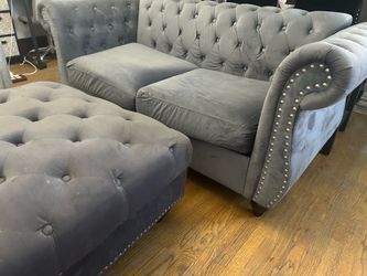 Charcoal Grey Tufted Sofa + Loveseat+ Ottoman Set