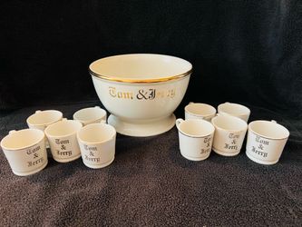 Mid-Century Modern Hall China Tom & Jerry Bar Set - 11pc Christmas Punch Bowl & 10 Cups