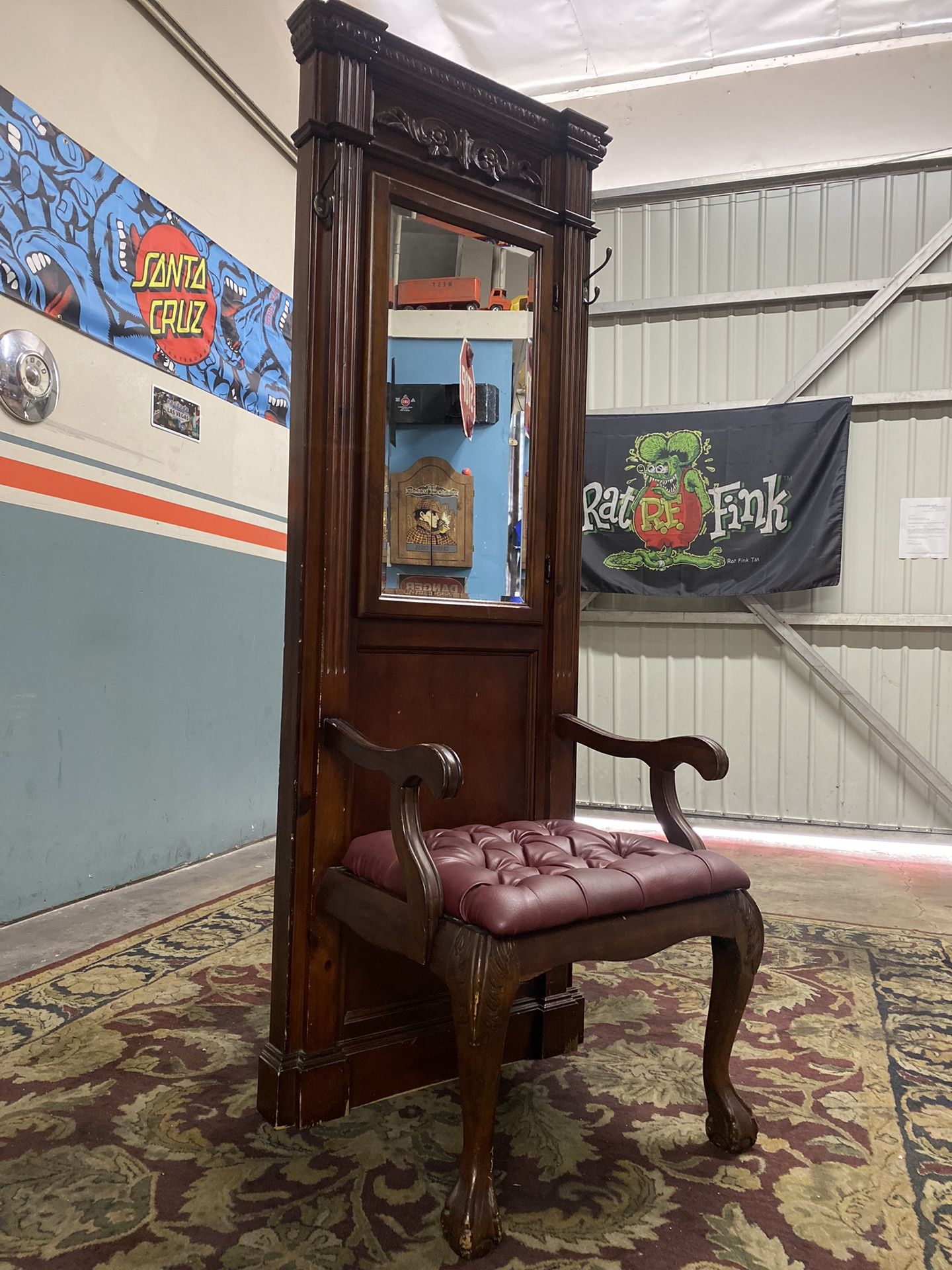 Vintage Antique Mahogany Solid Wood Hall Tree with Bench