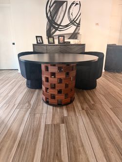 Round Dining Table with unique Woven Wood Pedestal Base
