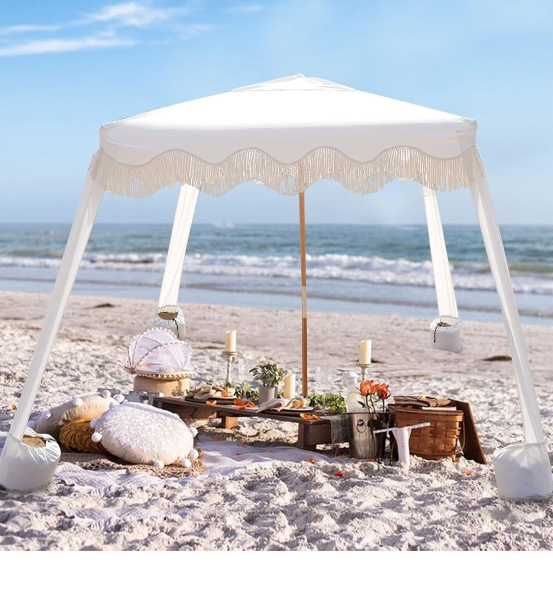 Beach Cabana with Fringe, 6'×6' Boho Beach Canopy with Tassels, Easy Set up & Premium Wood Pole, Cabana Tent with Sand Pockets, Instant Sun Shade for