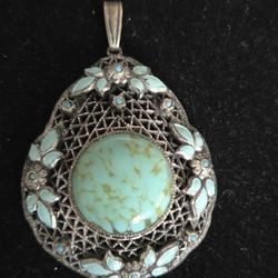 Vintage Filigree Glass Turquoise, Enamel Pendant