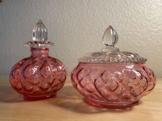 Vintage Fenton Art Glass Cranberry Pink Diamond Optic Melon Powder Jar and Perfume Bottle Vanity Dresser Set