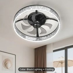 Low Profile Ceiling Fan with Lights and Remote, 19.7in Modern Ceiling Fans Flush Mount, 3000K-6500K Dimmable Bladeless LED Fan Light, Black Fandelier 