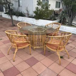Vintage Bamboo / Rattan Dining Table. With 4 Armchairs