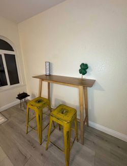 Wood Bar Table with 2 Yellow Metal Stools