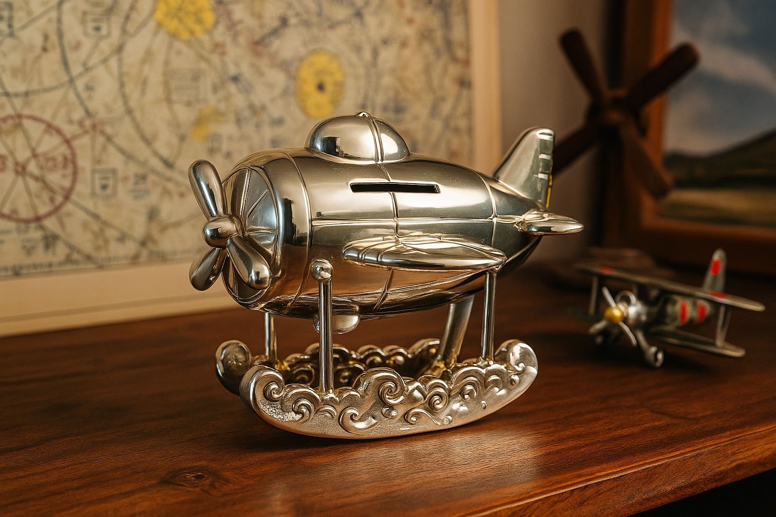 Reed & Barton 1990s Silverplate Airplane Coin Bank, 5.5x4.75” NO STOPPER