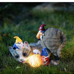 Solar Light Patio Decor Cats Playing with Gnomes Resin Yard