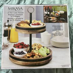 NEW Mikasa 2-Tier Lazy Susan w/Mango Wood + Burnished Iron Band Accent Decor Home Furnishings Gift Decoration 