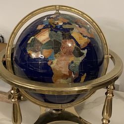 18” Tall Large Blue Lapis Tabletop Globe + Inlaid Gemstones Gold Stand: 18x17x17