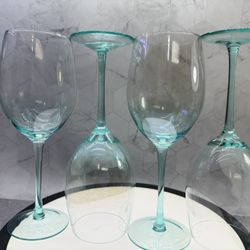 Set of (4) Vintage Elegant Hand Blown Crystal Lake Blue Goblets Champagne, Wine Glasses. 
