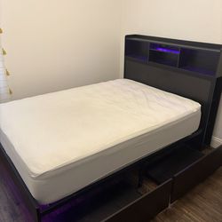 Full size bed frame with LED and storage