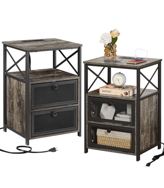 Set of 2 BedSide Tables with a Charging Station, Lampstand, Nightstand with 2 Flip Drawers and USB Ports & Power Outlets, Sturdy Metal Frame for Livin