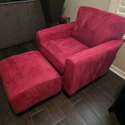 Red Velour Chair & Ottoman