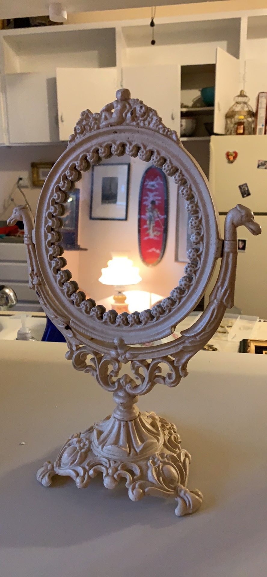 Antique cast iron vanity swivel mirror